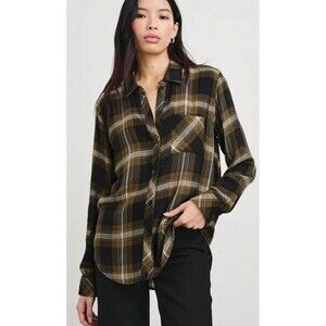 Rails Shirt Hunter Long Sleeve Flannel Plaid Black Carmel Lurex Metallic Gold XS